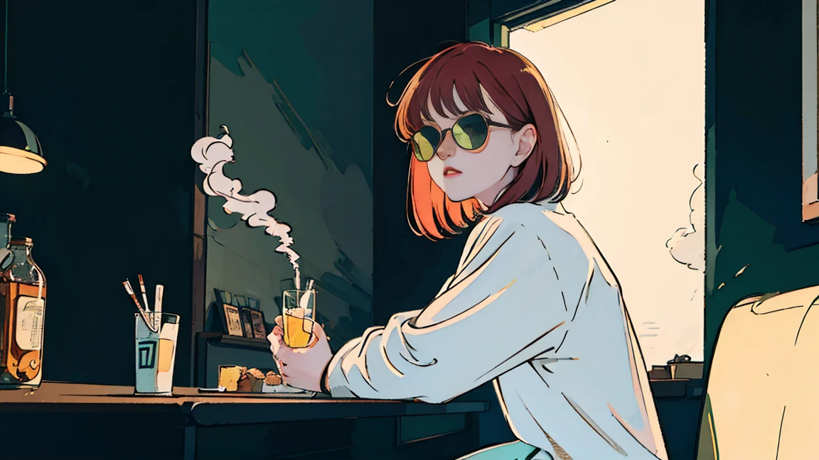 Beautiful redhead Asian girl sitting in a diner at night, Visible from the window, Perfect Face, sunglasses, Smoking white Taylormade cigarettes, Neon Black, (Backlit: 1.1), Hard Shadows, masterpiece, Highest quality, Complex, Model shooting style, Vintage, Film Grain, Incomplete details