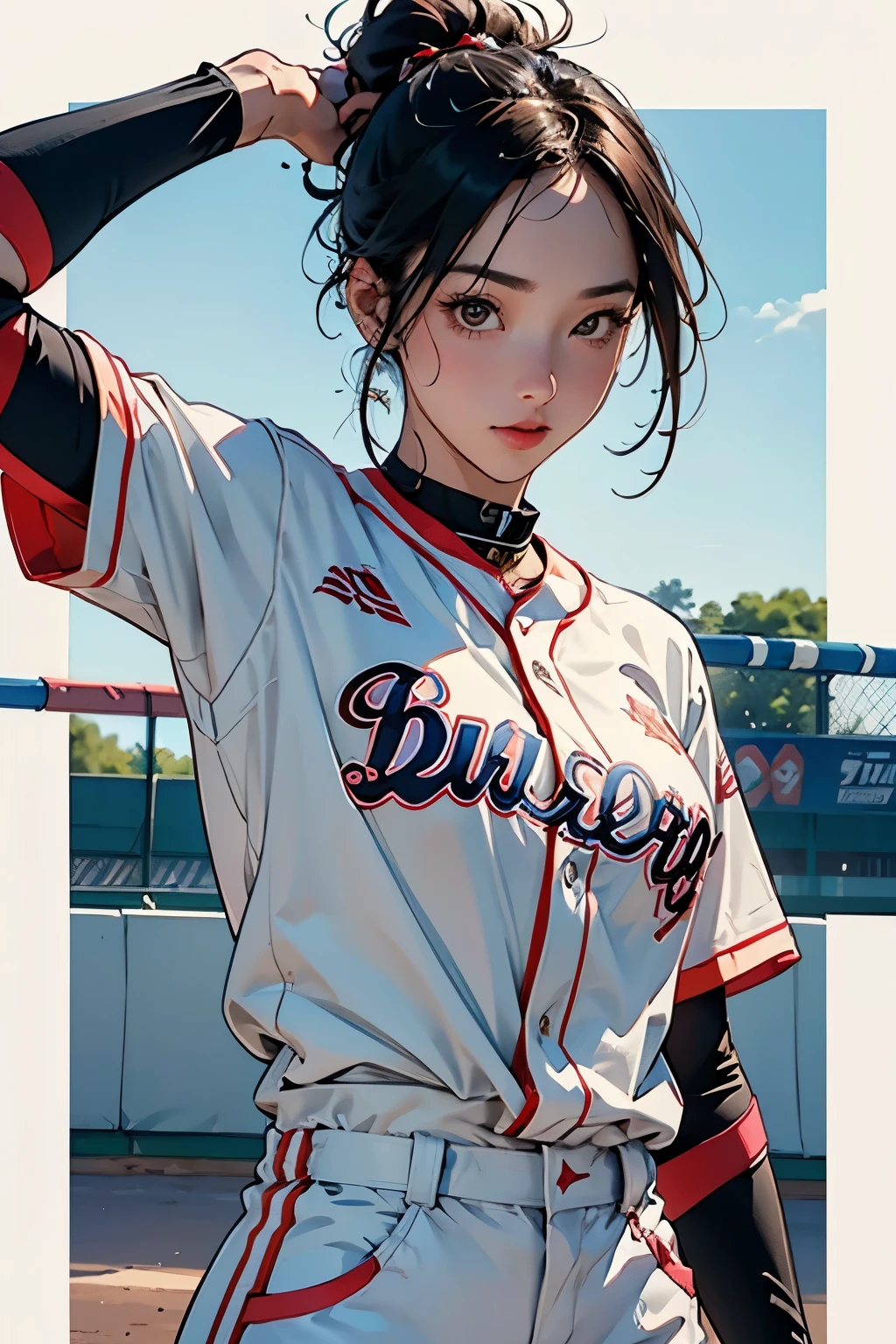 Female Baseball Playeratch highlights、(High jump catch:1.4)、Baseball Gloves、Baseball、dynamic、Full body close-up shot、Dynamic Scene、high detail shot, 非常にdetailedな公式アートワーク, 8Kdetailed, (detailed、masterpiece、Highest quality)、