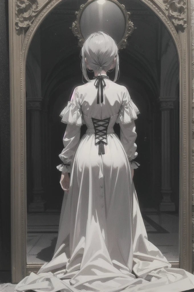 midjourney, ((best quality)), ((masterpiece)), (detailed), a mirror in gothic dark academia. Black and white, vintage art. From behind. Faces not visible.