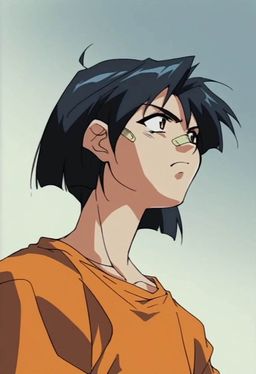 1990s \(style\), 1 woman with big, Black Hair, Look forward, Orange eyeaid clothes,