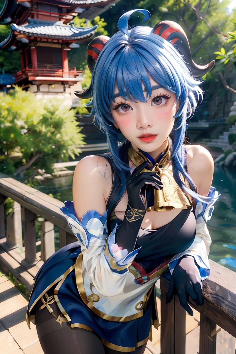 (photorealistic:1.4), (masterpiece, sidelighting, finely detailed beautiful eyes: 1.2), masterpieceportrait, realistic, 3d face, 
ganyu \(genshin impact\), 1girl, ahoge, architecture, bangs, bare shoulders, bell, black gloves, black hose, (blue hair), blush, breastese knot, detached sleeves, flower knot, gloves, horns, long hair, looking at viewer, medium breasts, neck