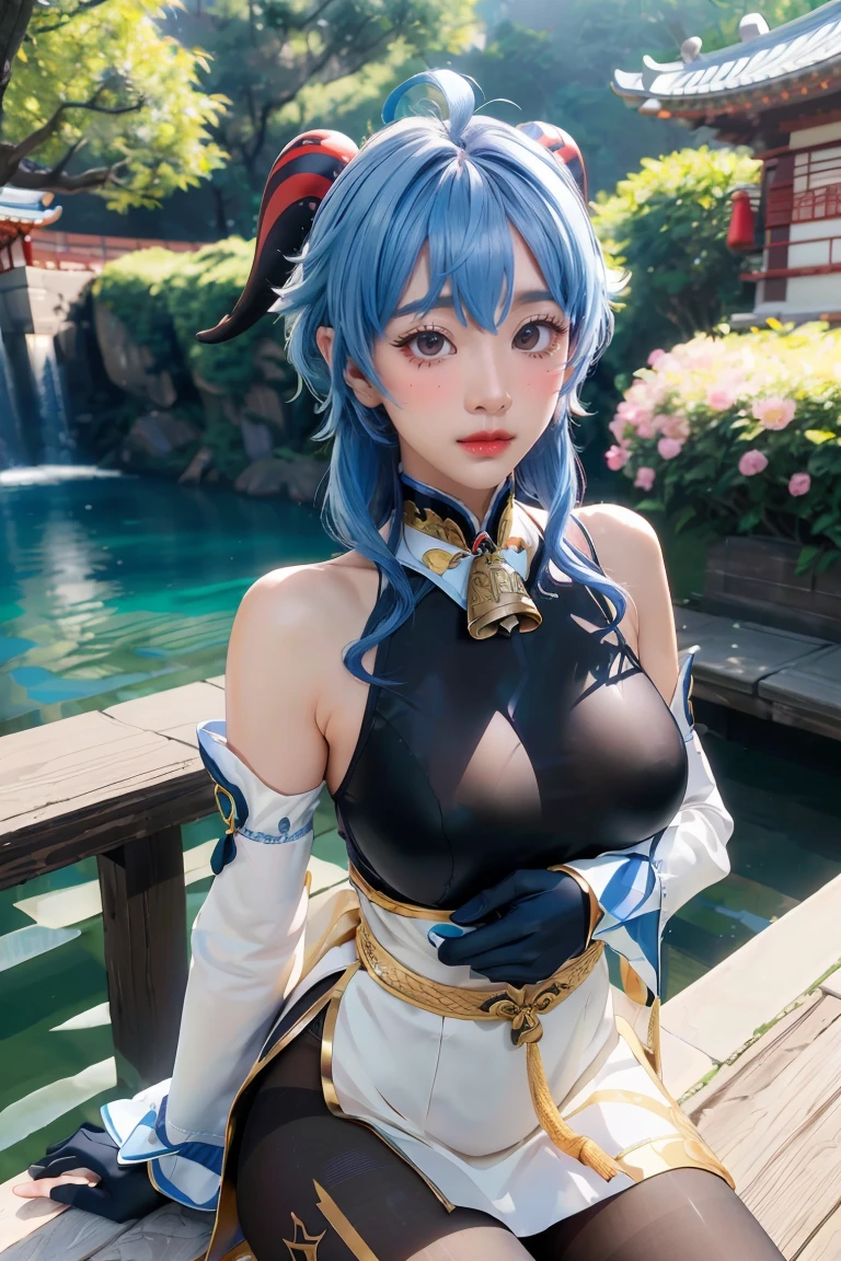 (photorealistic:1.4), (masterpiece, sidelighting, finely detailed beautiful eyes: 1.2), masterpiece*portrait, realistic, 3d face,
ganyu \(genshin impact\), 1girl, ahoge, architecture, bangs, bare shoulders, bell, black gloves, black pantyhose, (blue hair), blush, breasts, chinese knot, detached sleeves, flower knot, gloves, horns, long hair, looking at viewer, medium breasts, neck bell