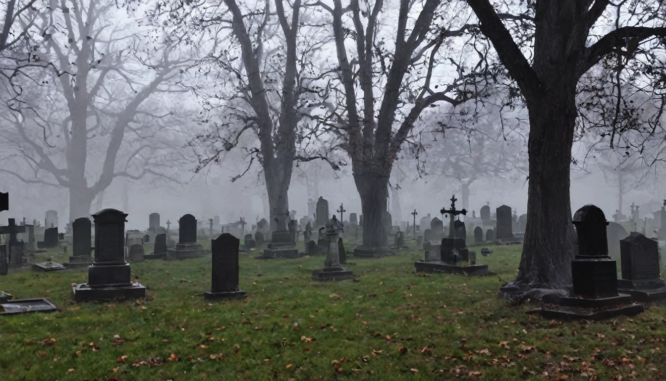 closer view of the graveyard, emphasizing the mist and shadows
