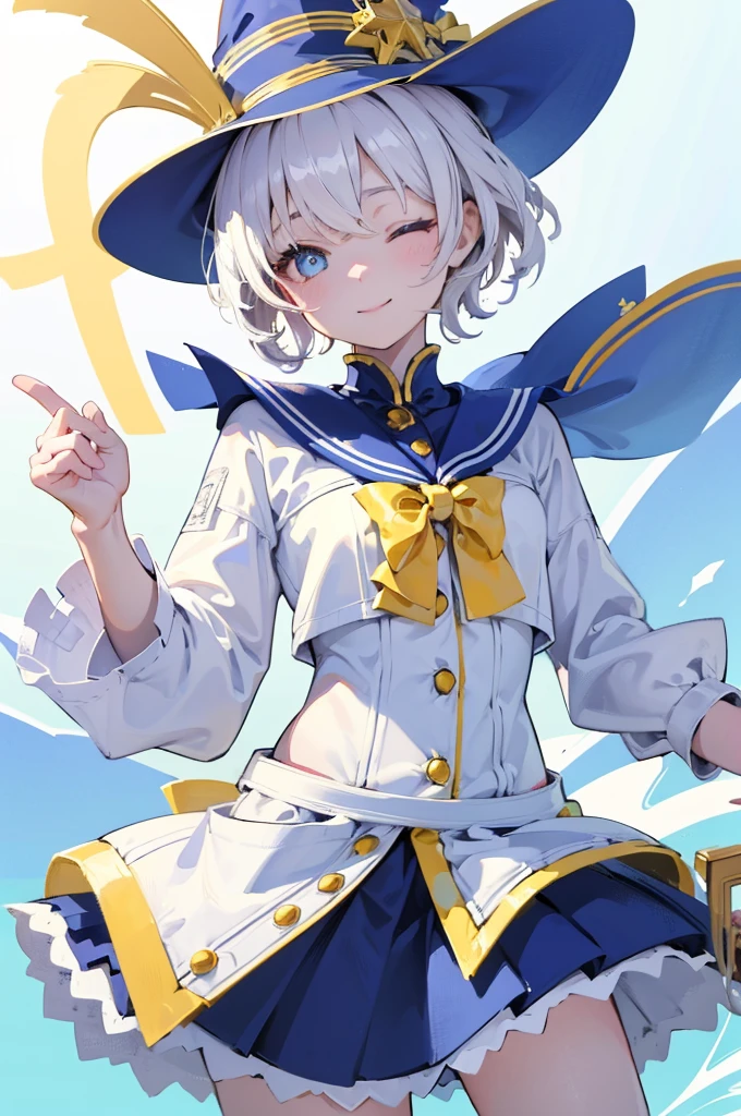 (Highest quality) (4K) (8K) (High resolution) (masterpiece:1.2) (Super detailed) One girl smile short hair witch The right eye is blue and the left eye is yellow Long sleeve Golden decoration White Background Hair between the eyes Closed Mouth Blue fur Wavy Hair Upper Body White Hair Blue hat