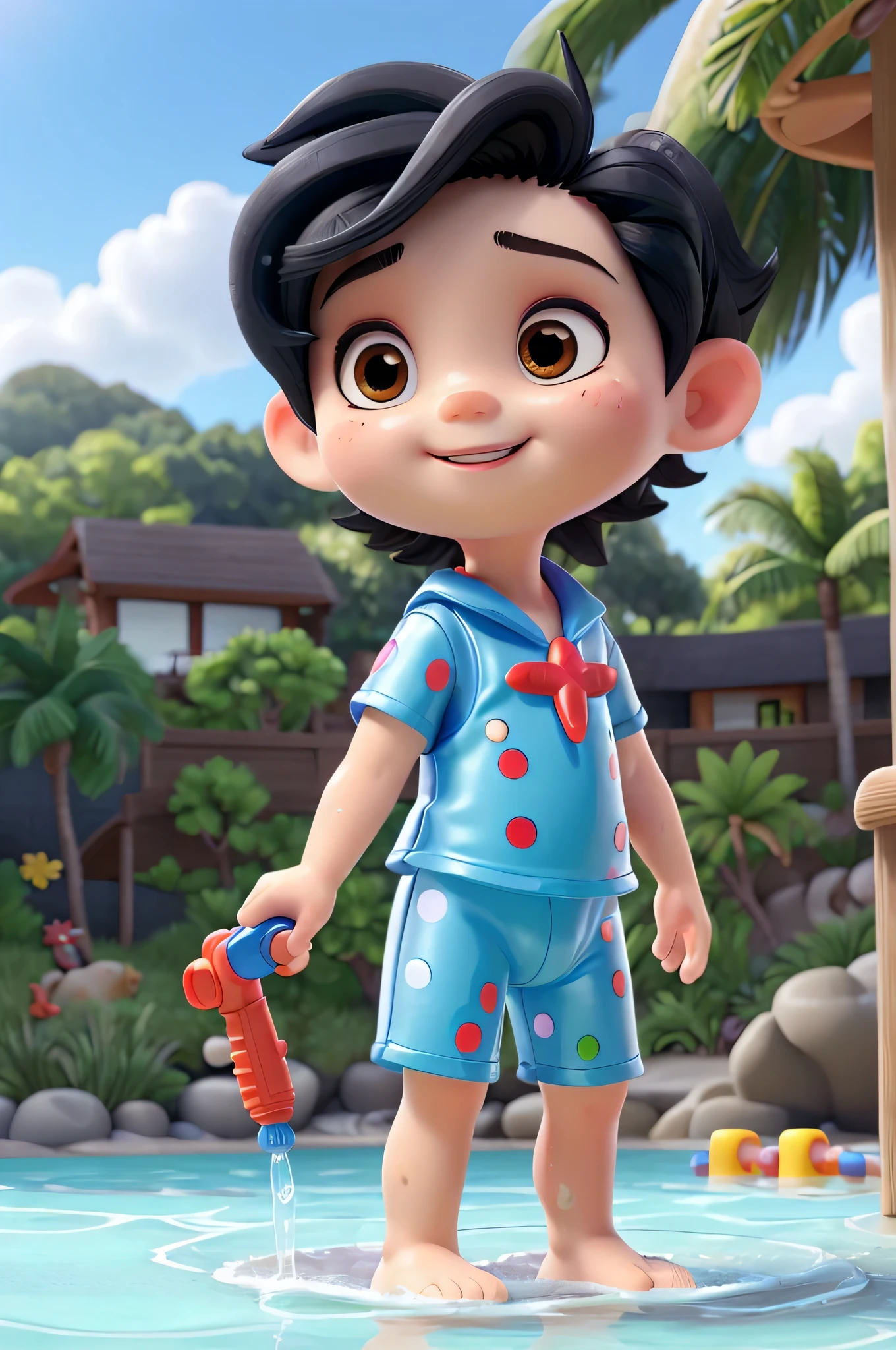 ,swimsuit,Play with water guns,Swimming ring,Lively,seaside,Lovely,Black Hair,Lively action
