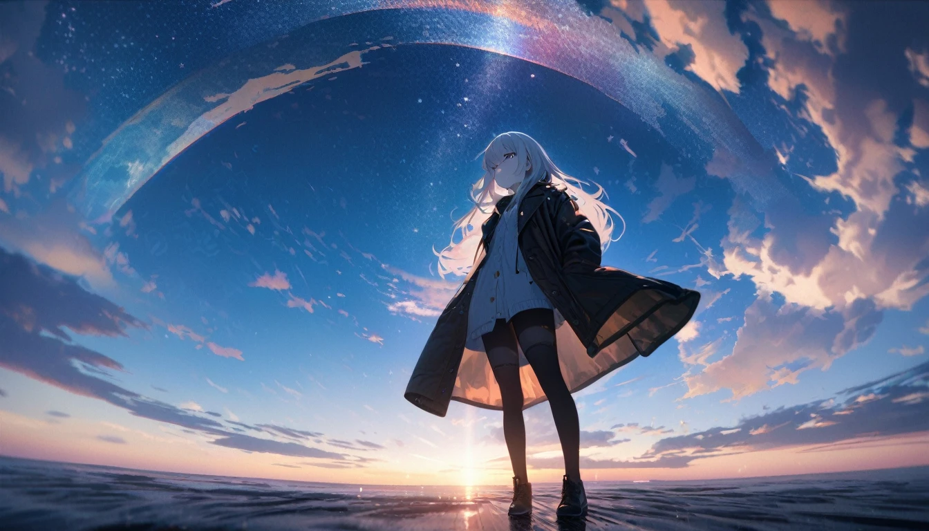 Starry Sky, After the Rain, horizon , In the sky,Lens flare, colorful,coat,Put your hands in your pockets,(student, 18-year-old, ＪＫ, Her short silver hair sways, Pale skin, Lack of eye sparkle) Looking up at the sky, Beautiful sky, There is an ocean,White Street,The scenery is beautiful, 広いLooking up at the sky, I see the wind blowing and shining, In the skyは正午の月と正午の星がある,From below, break ,quality(8K,非常に精細なCGユニットのwallpaper, masterpiece,High resolution,top-quality,top-quality real texture skin,Surreal,Increase the resolution,RAW Photos,最高quality,Very detailed,wallpaper,Cinema Lighting,Ray Tracing,Golden Ratio),Have a long-term perspective