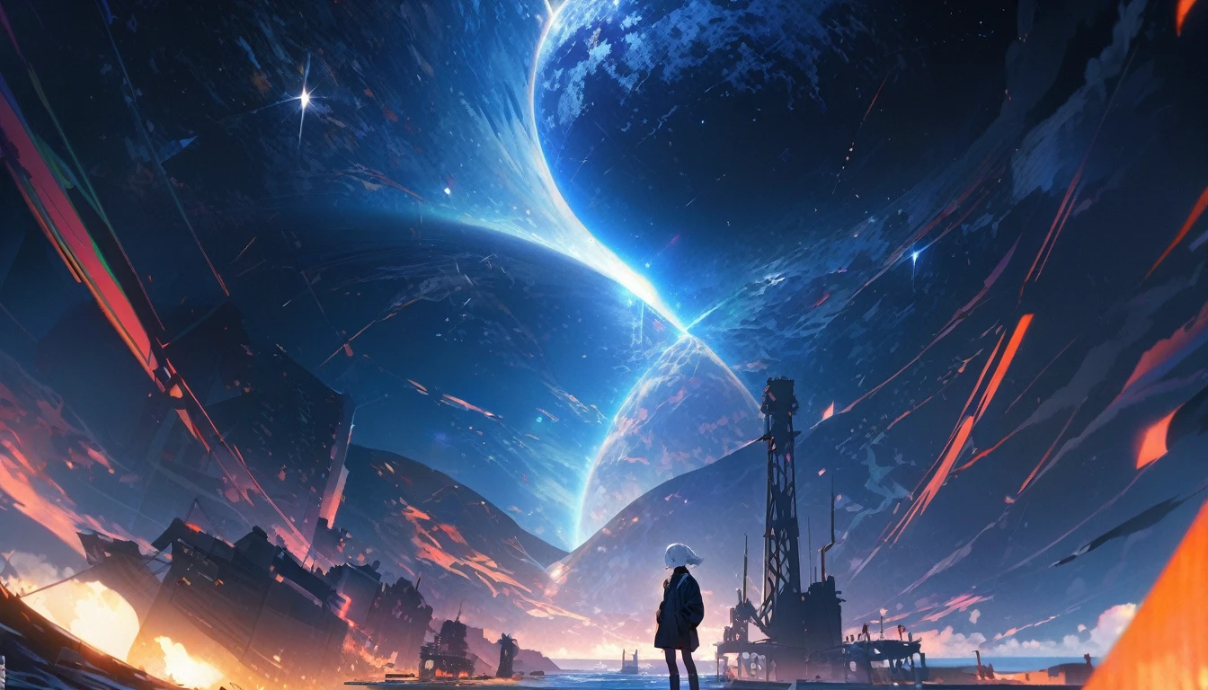 Starry Sky, After the Rain, horizon , In the sky,Lens flare, colorful,coat,Put your hands in your pockets,(student, 18-year-old, JK, Her short silver hair sways, Pale skin, Lack of eye sparkle) Looking up at the sky, Beautiful sky, There is an ocean,White Street,The scenery is beautiful, 広いLooking up at the sky, I see the wind blowing and shining, In the skyは正午の月と正午の星がある,From below, break ,quality(8K,非常に精細なCGユニットのwallpaper, masterpiece,High resolution,top-quality,top-quality real texture skin,Surreal,Increase the resolution,RAW Photos,最高quality,Very detailed,wallpaper,Cinema Lighting,Ray Tracing,Golden Ratio),Have a long-term perspective