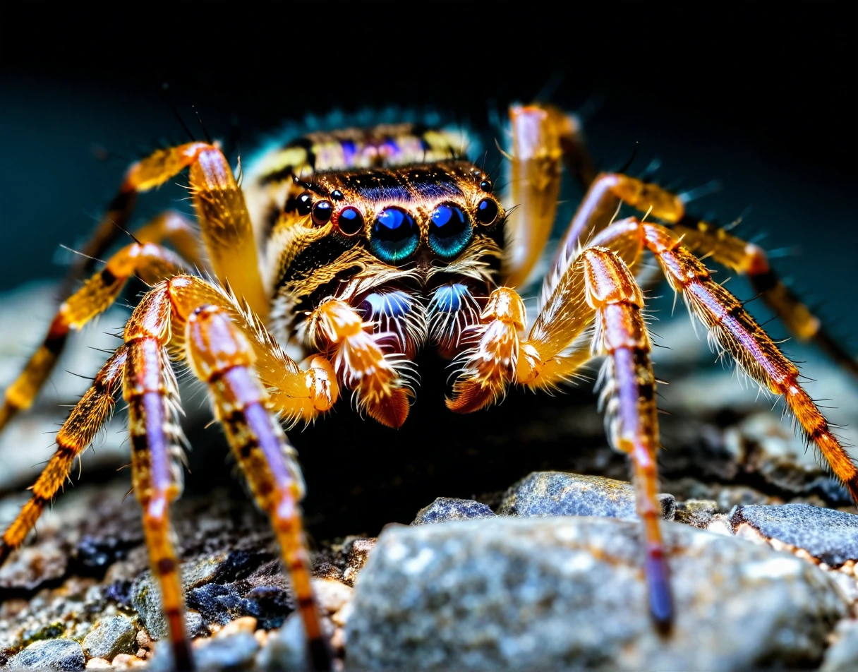 The best quality image, showing extreme macro photography side view close up (wolf spider:1.2) on the stone, biofurnical (cyborg:1.1) improvements, robotic animal, robot, Beautiful, organic details, great hair, focus stacking, iridescent, (fur:0.7), holographic optics, dark background, in macro photography style, focus stacking, studio photography, very detailed, extreme realism, rich colors, Colorful, (Metal gear solid:0.7), (a garden:0.6), (Weapon:0.7), many black eyes, spider looking through binoculars