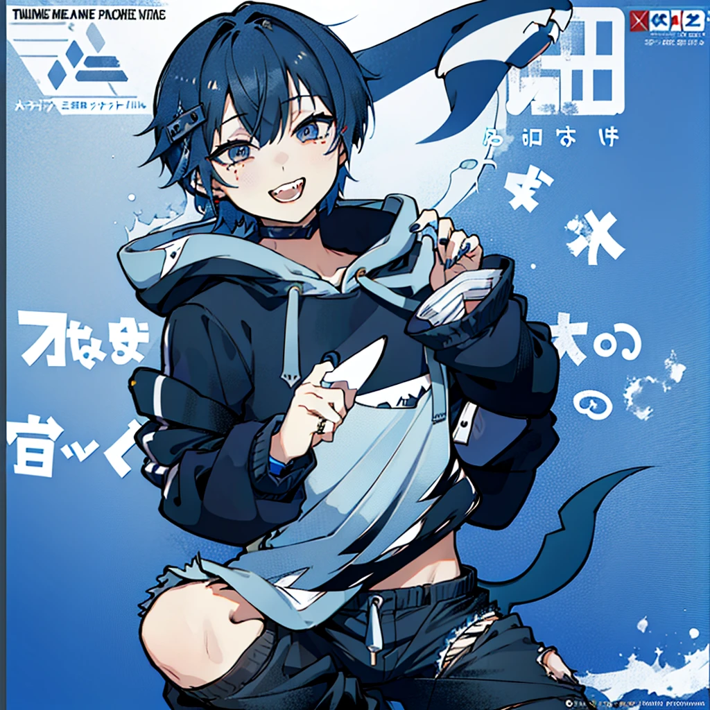 masterpiece, best quality, full body, (1boy), (Wearing a blue shark tail hoodie), (boy smiling shark teeth), (Boy Messy Japanese Round Haircut for Thick Hair), (blue nails), (blue hair), black shorts, ((solo)), (magazine:1.3), (cover-style:1.3), simple  simple background, watch, mouth mask, wristwatch, stud earrings, vampire, halftone, mask pull, jirai kei, fangs,