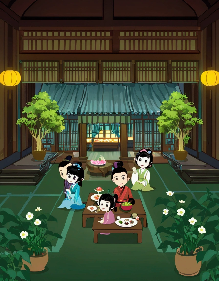 In the Guild Hall in 1920,There are a lot of people,View from top to bottom,Around the chat,lots of food,drink wine。 Happy scene,side,Vision,Small face,Many Asian Chinese men and women together,very happy。