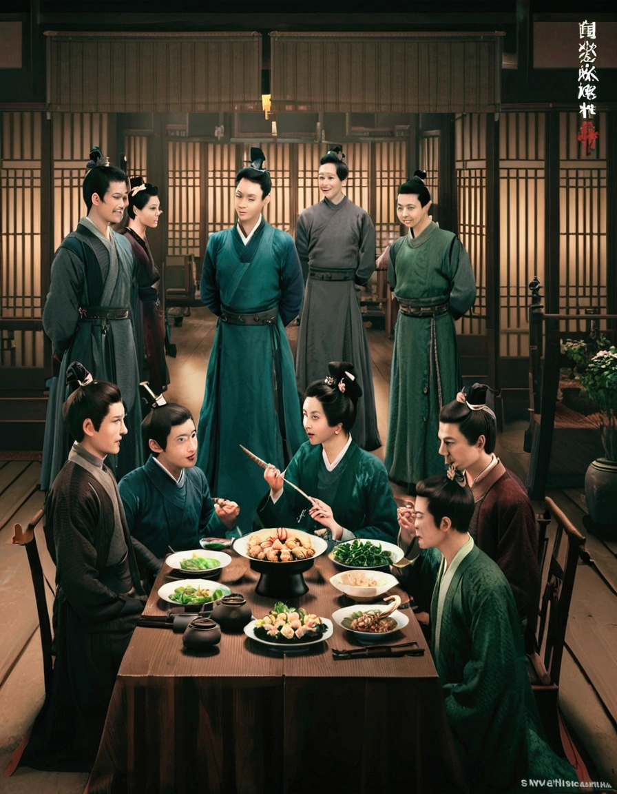 In the Guild Hall in 1920,There are a lot of people,View from top to bottom,Around the chat,lots of food,drink wine。 Happy scene,side,Vision,Small face,Many Asian Chinese men and women together,very happy。