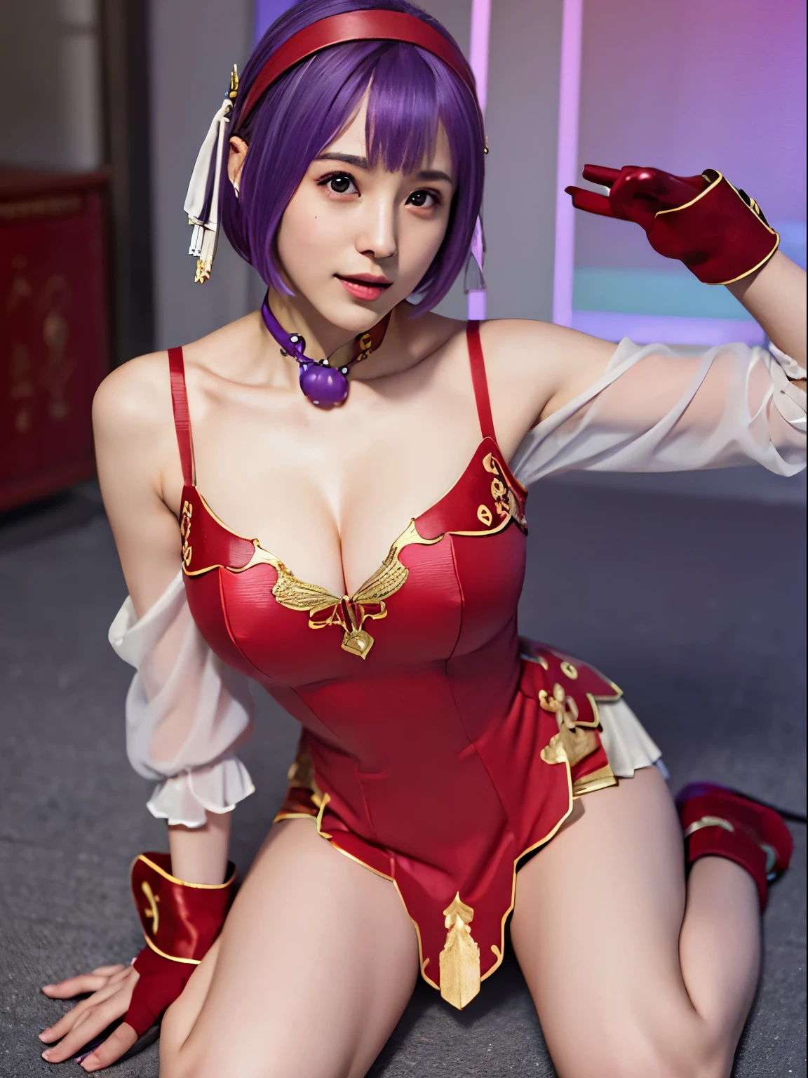 (masterpiece, best quality:1.4), (full body), (wide shot), 1girl, solo, stunning girlfriend, (sitting:1), 1girl, solo, purple hair, athenams, hairband, chinese clothes, red dress, gloves, hair ornament , bare shoulders, heart shaped face, elegant face, beautiful face, highly detailed face, highly detailed skin, skin pores, subsurface scattering, realistic pupils, medium breast, erotic smile, detailed background, depth of field, volumetric lighting, sharp focus, absurdres, realistic proportions, good anatomy, (realistic, hyperrealistic:1.4), 16k hdr,