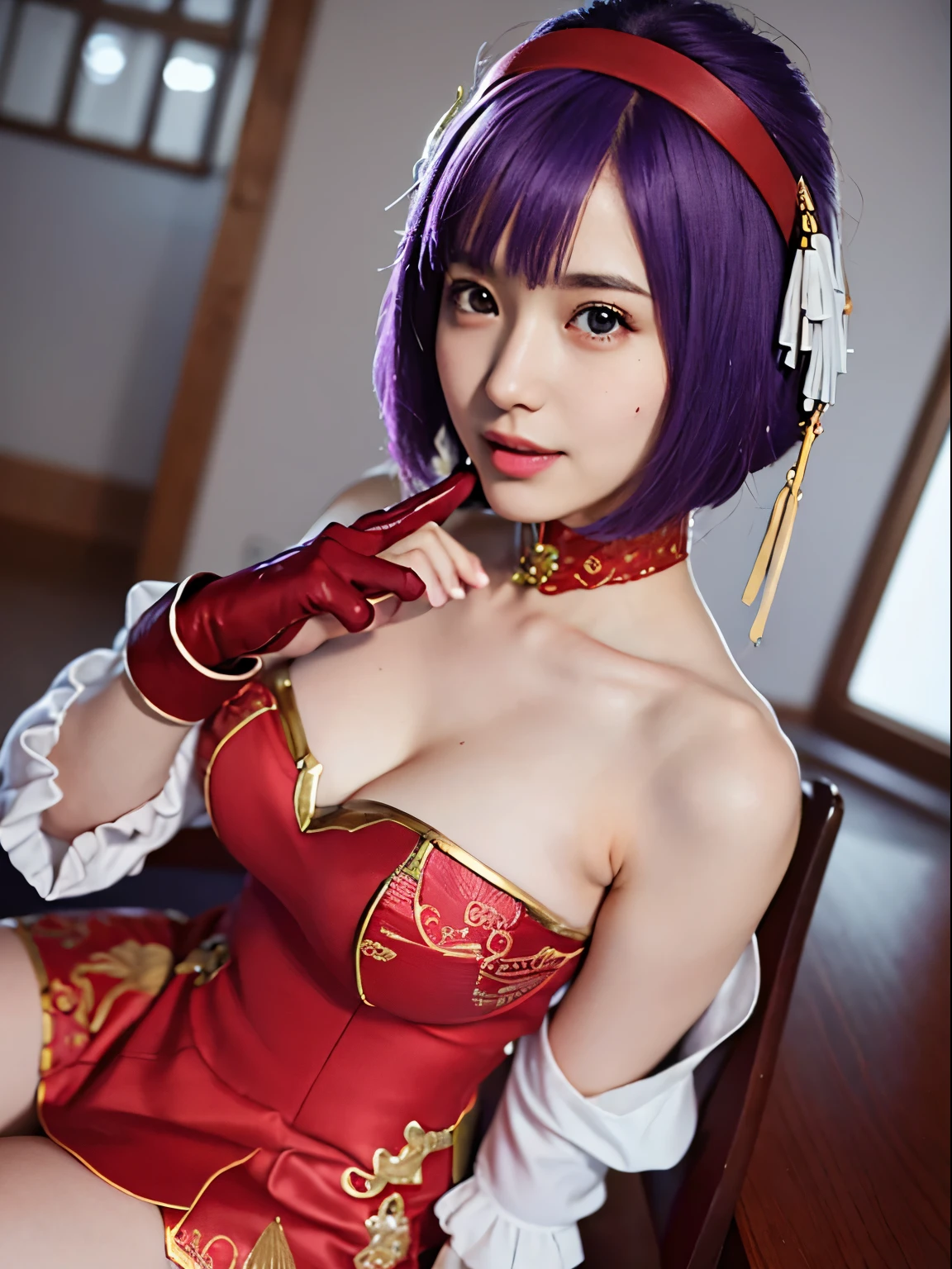 (masterpiece, best quality:1.4), (full body), (wide shot), 1girl, solo, stunning girlfriend, (sitting:1), 1girl, solo, purple hair, athenams, hairband, chinese clothes, red dress, gloves, hair ornament , bare shoulders, heart shaped face, elegant face, beautiful face, highly detailed face, highly detailed skin, skin pores, subsurface scattering, realistic pupils, medium breast, erotic smile, detailed background, depth of field, volumetric lighting, sharp focus, absurdres, realistic proportions, good anatomy, (realistic, hyperrealistic:1.4), 16k hdr,