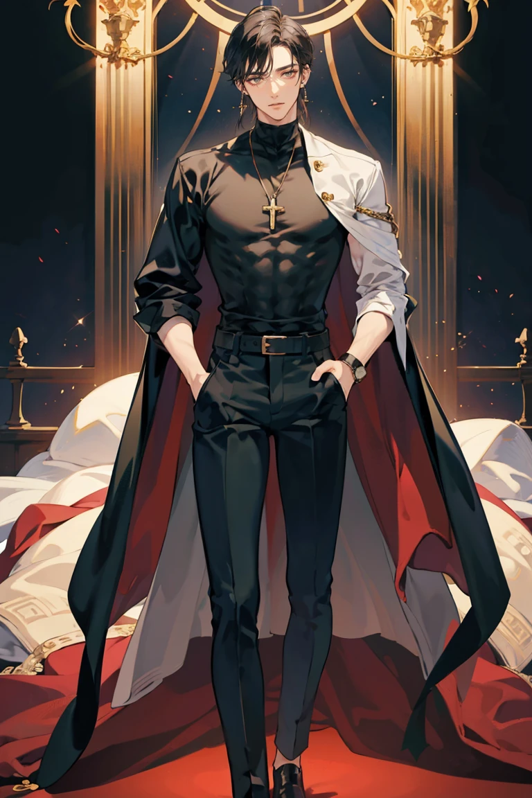 anime - (masterpiece), best quality, seductive eyes, perfect face, handsome man, brown eyes, long slicked back black hair, long nose, tan brown skin, black t-shirt with cross design, black fitted pants, silver watch, extremely tall man, long legs, long calves, full body, tall man, long legs, anime cover, 1boy, ear piercings, hands in pockets, adult-like look, luxury interior background