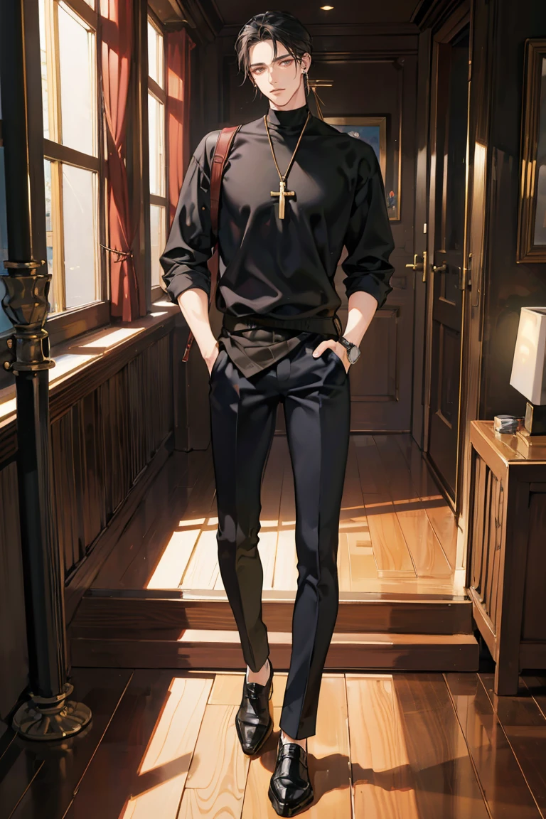 anime - (masterpiece), best quality, seductive eyes, perfect face, handsome man, brown eyes, long slicked back black hair, long nose, tan brown skin, black t-shirt with cross design, black fitted pants, silver watch, extremely tall man, long legs, long calves, full body, tall man, long legs, anime cover, 1boy, ear piercings, hands in pockets, adult-like look, luxury interior background