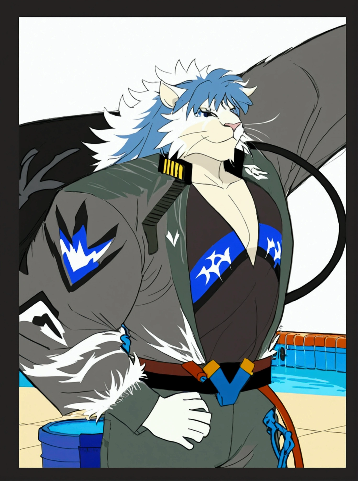 A naked white tiger beastman in the swimming pool