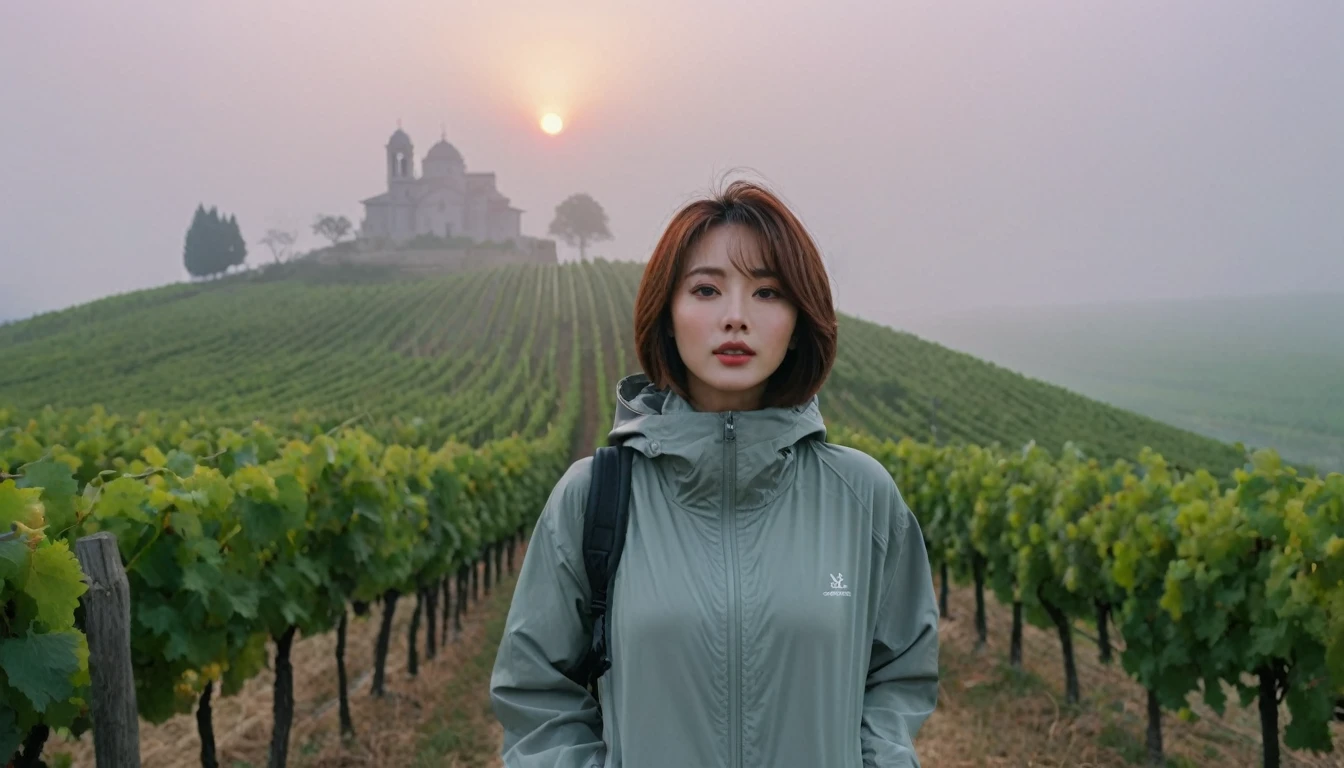 beautiful scenery, 8K Top Quality, Vivid picture quality, 1 woman, Beautiful 36-year-old Korean woman, Chest size 34 inches, Model-level beautiful woman, italian countryside dawn, vineyard, The cathedral can be seen in the distance in a thick fog.. Red sunshine, The background is realistic and vivid quality.., short medium bob hair, T-shirt that goes up to the neck , Luxury brand windbreaker jacket, Perfect and realistic photos, The background is realistic.. Full body shot with Canon camera 16-35 wide angle lens, expressionless, Climbing a hill covered in thick fog, walking towards the front camera, 