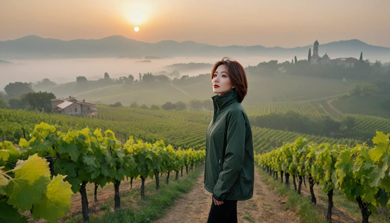 beautiful scenery, 8K Top Quality, Vivid picture quality, 1 woman, Beautiful 36-year-old Korean woman, Chest size 34 inches, Model-level beautiful woman, italian countryside dawn, vineyard, The cathedral can be seen in the distance in a thick fog.. Red sunshine, The background is realistic and vivid quality.., short medium bob hair, T-shirt that goes up to the neck , Luxury brand windbreaker jacket, Perfect and realistic photos, The background is realistic.. Full body shot with Canon camera 16-35 wide angle lens, expressionless, Climbing a hill covered in thick fog, walking towards the front camera,