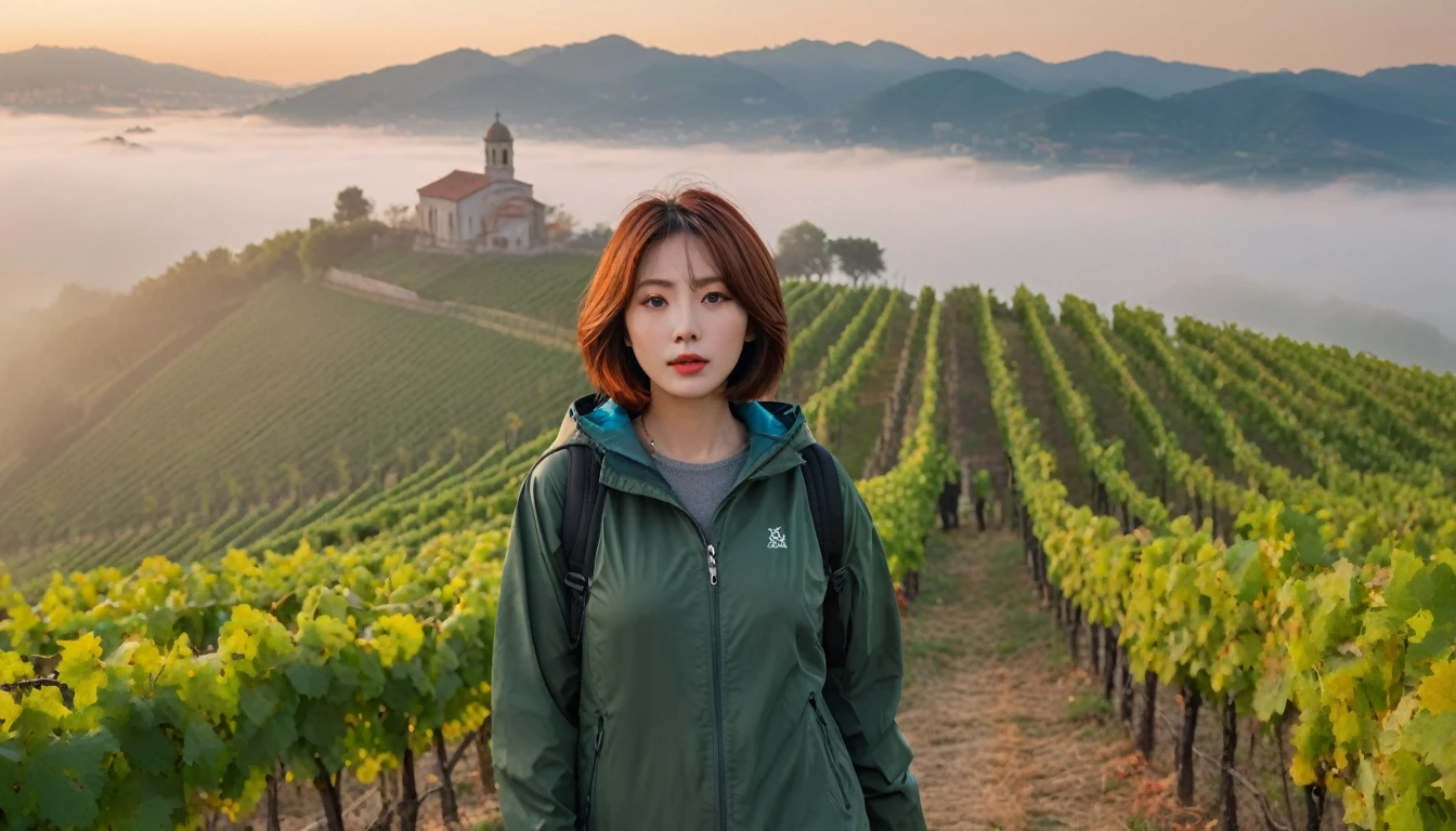 beautiful scenery, 8K Top Quality, Vivid picture quality, 1 woman, Beautiful 36-year-old Korean woman, Chest size 34 inches, Model-level beautiful woman, italian countryside dawn, vineyard, The cathedral can be seen in the distance in a thick fog.. Red sunshine, The background is realistic and vivid quality.., short medium bob hair, T-shirt that goes up to the neck , Luxury brand windbreaker jacket, Perfect and realistic photos, The background is realistic.. Full body shot with Canon camera 16-35 wide angle lens, expressionless, Climbing a hill covered in thick fog, walking towards the front camera,