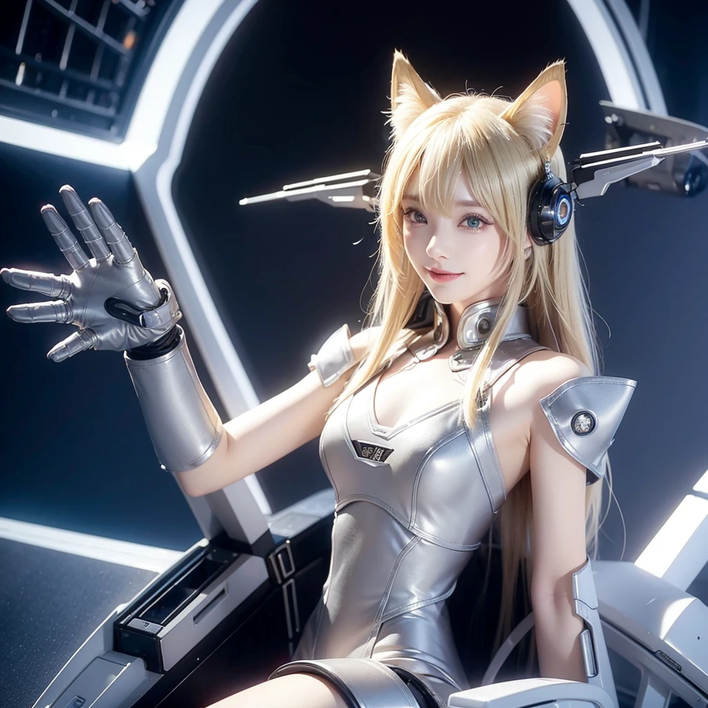 smile、Cat ear、Blonde、Futuristic、Cyber Sense、Fingers in a good pose、Real、フォトReal、High resolution、Robot cockpit。