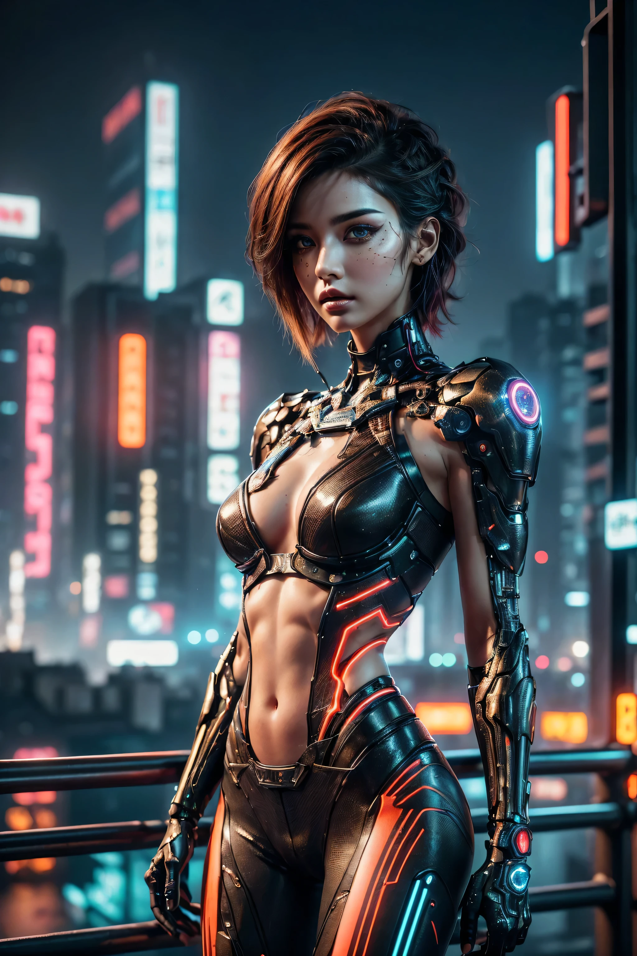 (photorealistic Realism 16K Quality, ultra-fine digital art), (Hyper-realistic proportional body, anatomically correct:1.3), (((beautiful cyberpunk woman))), ((upper body to navel shot:1.21)), Portrait, ((Short, bright red, messy hair)), Black Eyeshadow, ((futuristic cyberpunk street style:1.3)),((futuristic biomechanical implants)), (Urban Background:1.35), Heavy makeup, Digital Art, Trending on Art Station, highly detailed, The finer details, Complex, beautiful detailed glow, (super detailed beautiful, slim and sharp-face), (light pale complexion). BREAK, (Super beautiful, ((Insanely details brown_eyes1.3)), ((Hyperrealistic sharp real human eyes)), (tired and sleepy and satisfied:0.0), perfect round eyes, (finely detailed pupils:1.3), detailed, (neon lighting), High resolution, detailed facial features,Sharp focus, Smooth, beautiful, (dark_shot:1.1), This work is in the style of (science fiction futurism) with a (cold palette) that adds depth and richness to the scene, creating a sense of ((anger)) and ((suffering)). (The landscape) is harmoniously balanced, inviting the viewer to immerse themselves in the atmosphere of the cyberpunk city, feel the breeze and listen to the gentle ((falling rain)).