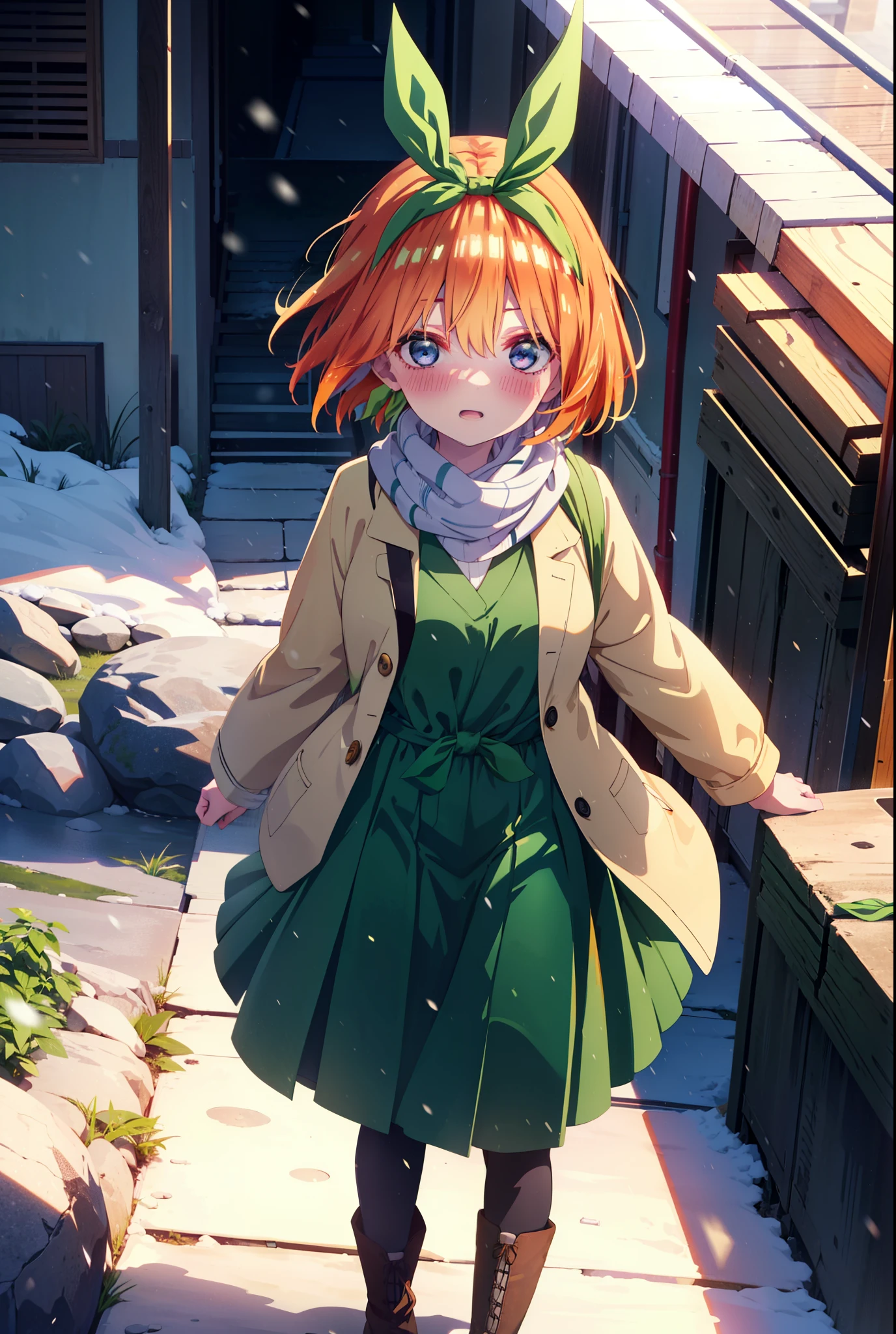 Yotsubanakano, Yotsuba Nakano, bangs, short hair, blue eyes, Hair between the eyes, hair ribbon, hair band, Orange Hair, (Green ribbon:1.5), smile, Hair between the eyes,blush, Open your mouth,White Breath,scarf,Green neck long coat,V-neck sweater,Long skirt,Black Pantyhose,short boots,Standing leaning against a wall,Snow is piling up,that&#39;it&#39;s snowing,whole bodyがイラスト入るように,Hiding in a roofed building,
break outdoors, construction area,
break looking at viewer, whole body,
break (masterpiece:1.2), Highest quality, High resolution, unity 8k wallpaper, (shape:0.8), (Beautiful attention to detail:1.6), Highly detailed face, Perfect lighting, Extremely detailed CG, (Perfect hands, Perfect Anatomy),