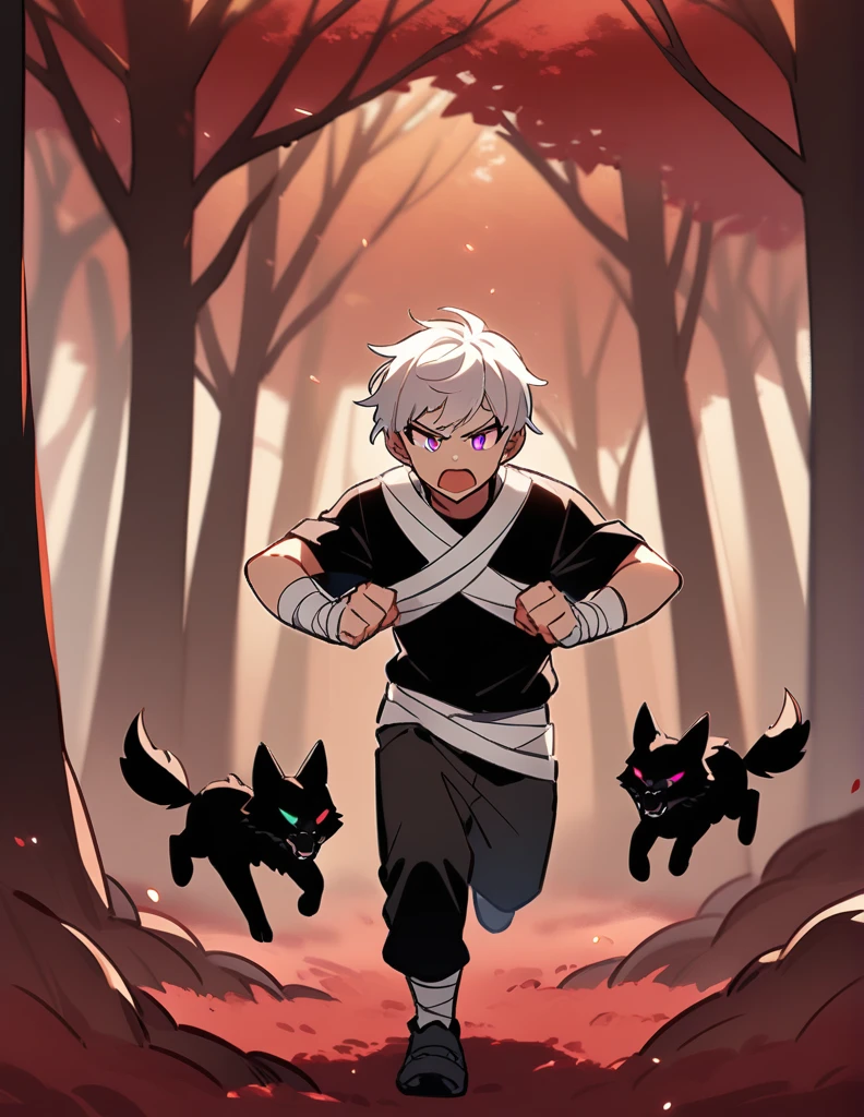 small Greek boy with white hair, violet eyes, wearing a black shirt, with his arms covered in bandages, running desperately from two angry black wolves, with a red forest of dry trees in the background