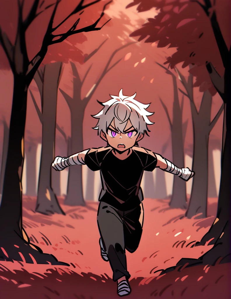 small Greek boy with white hair, violet eyes, wearing a black shirt, with his arms covered in bandages, running desperately from two angry black wolves, with a red forest of dry trees in the background