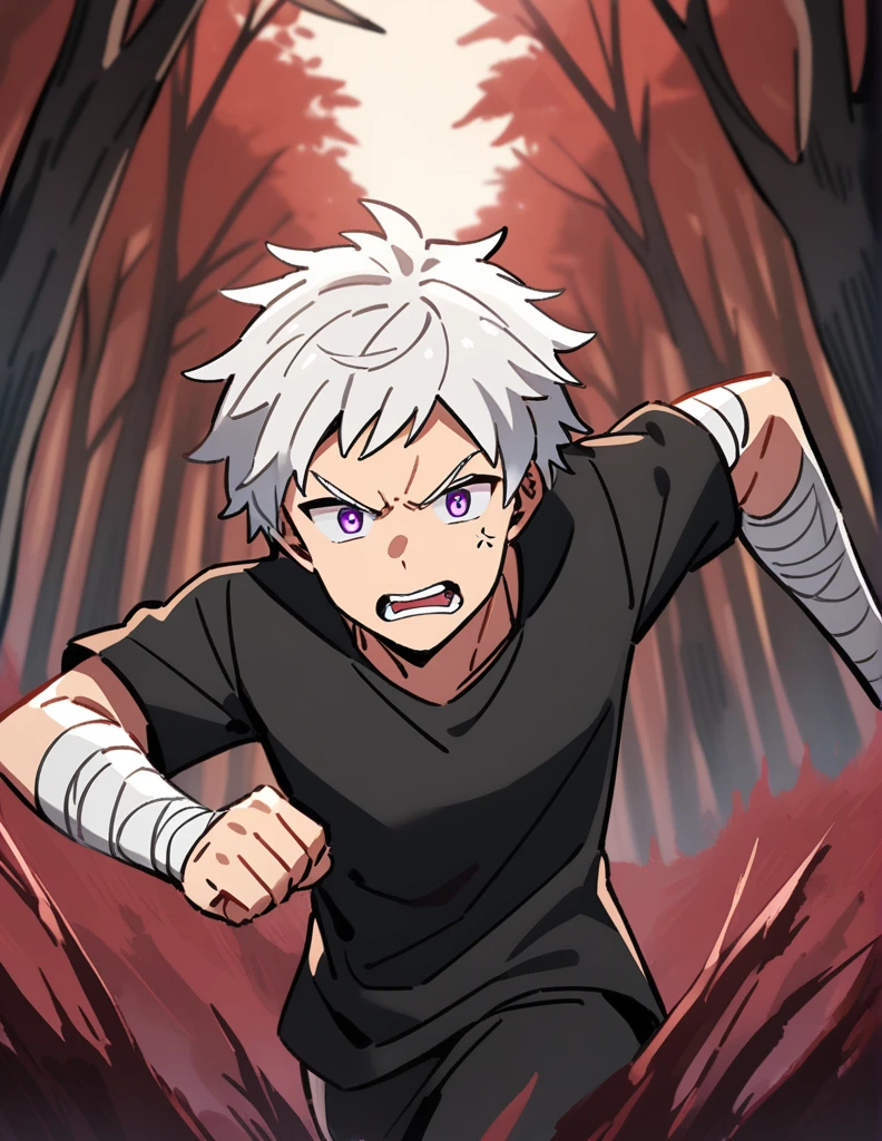 Greek boy with white hair, violet eyes, wearing a black shirt, with his arms covered in bandages, running desperately from two angry black wolves, with a red forest of dry trees in the background