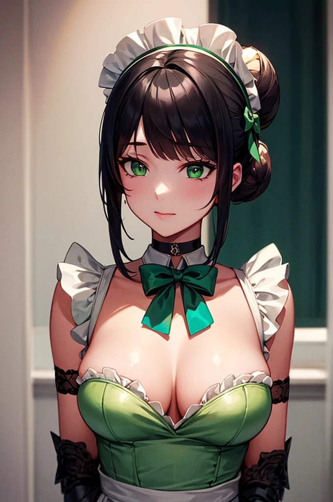 High resolution, Sharp focus, pixiv masterpiece, ((Intricate details)), Very detailed, Yuri Alpha, One girl, Black Hair, (Green wristband, Green Gauntlets, spike,:1.1)  Green Eyes, Maid, Single hair bun, dress, choker, bow tie, Maid apron, 