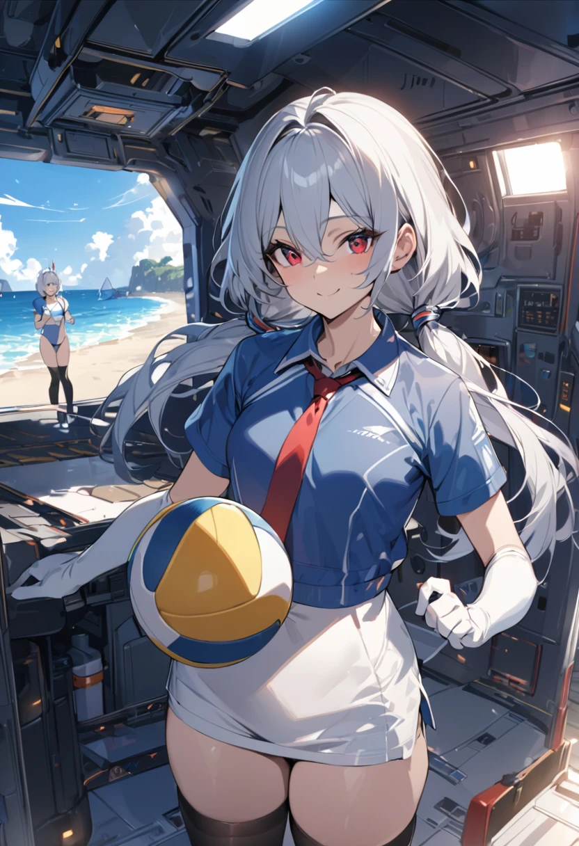 Ocean、Silver-haired, red-eyed girl、Swimwear、Two girls playing beach volleyball in the background、2d, masterpiece, best quality, アニメ, highly detailed face, highly detailed eyes, highly detailed background, perfect lighting, cowboy shot, 1girl, 独奏, collared dress, short dress, short sleeves, blue jacket, black thighhighs, detached hair, long hair, low twintails, bob cut, necktie, headgear, white gloves, elbow gloves, wide hips, smile, standing, spacecraft interior