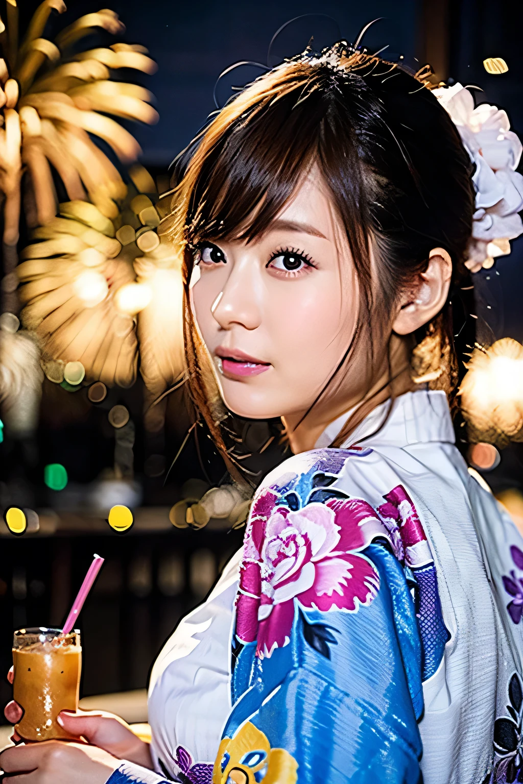(((A very cute face like an idol)))、((A young-looking 20-year-old woman))、Wearing a cute Japanese yukata、Cleavage、night、Fireworks display、Natural light、(Whole body)、Artistic