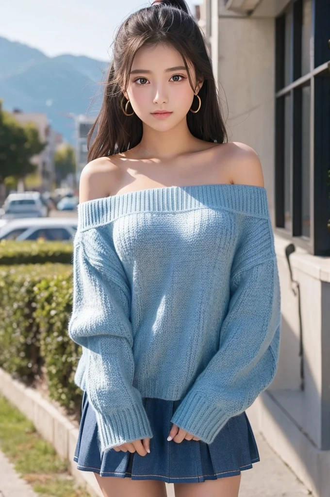 Korean High School Girl、Knit dress、Off the shoulder