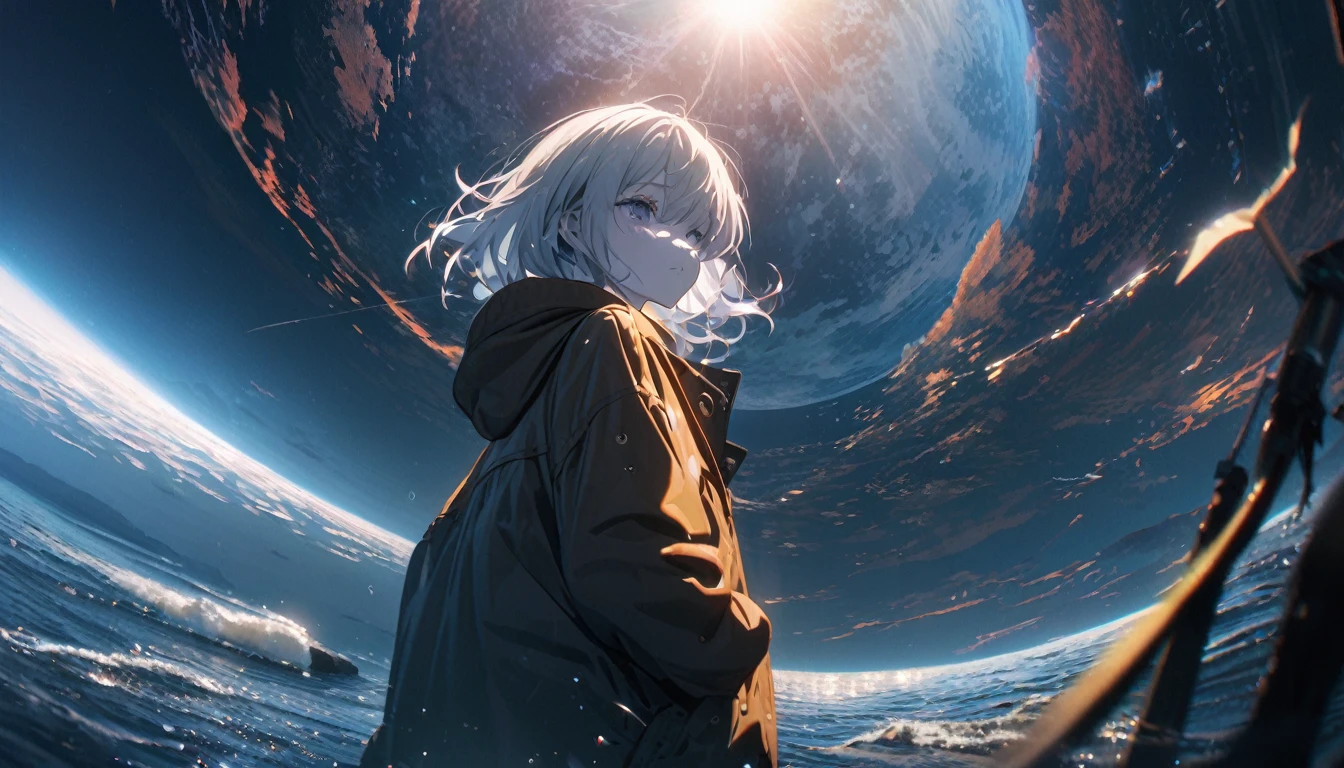 Starry Sky, After the Rain, horizon , In the sky,Lens flare, colorful,coat,Put your hands in your pockets,(student, 18-year-old, ＪＫ, Her short silver hair sways, Pale skin, Lack of eye sparkle) Looking up at the sky, Beautiful sky, There is an ocean,White Street,The scenery is beautiful, 広いLooking up at the sky, I see the wind blowing and shining, In the skyは正午の月と正午の星がある,From below, break ,quality(8K,非常に精細なCGユニットのwallpaper, masterpiece,High resolution,top-quality,top-quality real texture skin,Surreal,Increase the resolution,RAW Photos,最高quality,Very detailed,wallpaper,Cinema Lighting,Ray Tracing,Golden Ratio),Have a long-term perspective