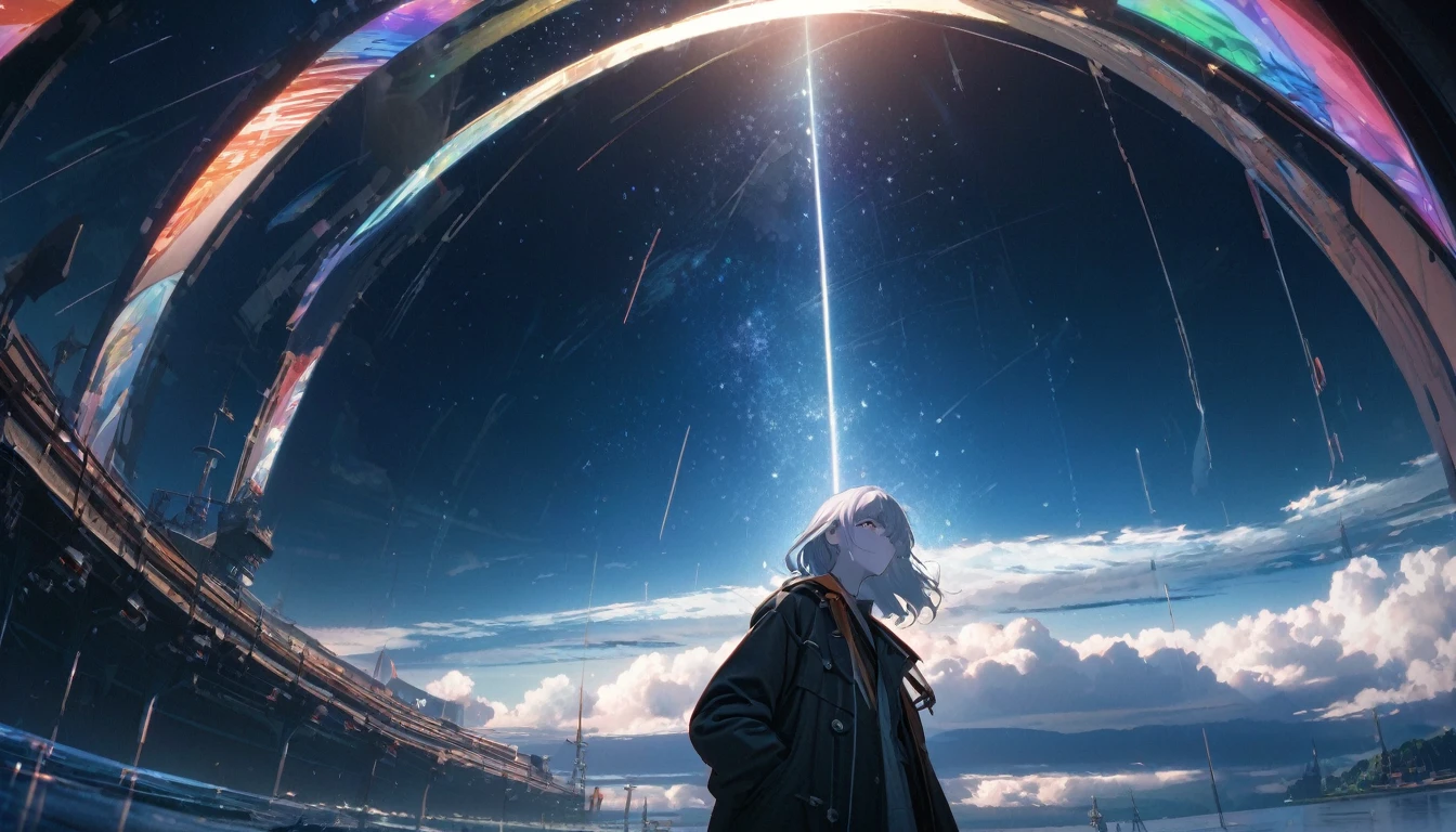 Starry Sky, After the Rain, horizon , In the sky,Lens flare, colorful,coat,Put your hands in your pockets,(student, 18-year-old, JK, Her short silver hair sways, Pale skin, Lack of eye sparkle) Looking up at the sky, Beautiful sky, There is an ocean,White Street,The scenery is beautiful, 広いLooking up at the sky, I see the wind blowing and shining, In the skyは正午の月と正午の星がある,From below, break ,quality(8K,非常に精細なCGユニットのwallpaper, masterpiece,High resolution,top-quality,top-quality real texture skin,Surreal,Increase the resolution,RAW Photos,最高quality,Very detailed,wallpaper,Cinema Lighting,Ray Tracing,Golden Ratio),Have a long-term perspective