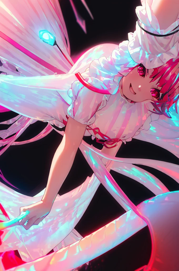 (masterpiece:1.3), (best quality:1.1), (8k, ultra detailed, ultra high res:1.2), ((anime style)), perfect 5 fingers, perfect anatomy, 
1girl,
BREAK long hair, (whiet hair:1.2), 
red eyes, 
medium breasts, (((((Opalescent dress:1.5))))), 
smile, 
looking up, 
upper body, 
standing, 
(((black background))), 