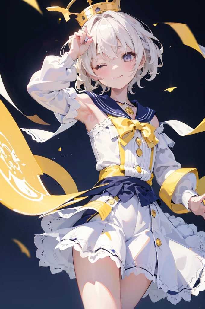 (top quality, masterpiece, super high resolution, super detail), night sky background, bust shot, one, kind-hearted girl, short hair (slender), platinum blonde (small), platinum blonde, ((heterochromia)), beautiful detail eyes, pale orange eyes, sailor suit, mini skirt, smile that wants to protect
