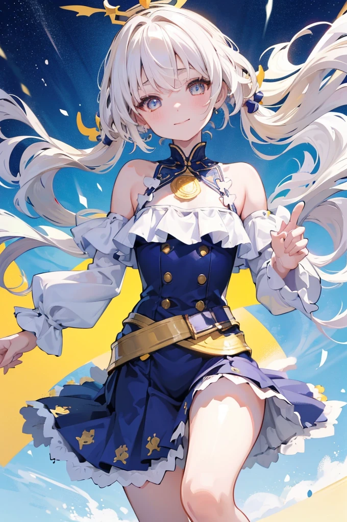 (Highest quality) (4K) (8K) (High resolution) (masterpiece:1.2) (Super detailed) One girl smile short hair witch The right eye is blue and the left eye is yellow Long sleeve Golden decoration White Background Hair between the eyes Closed Mouth Blue fur Wavy Hair Upper Body White Hair crown
