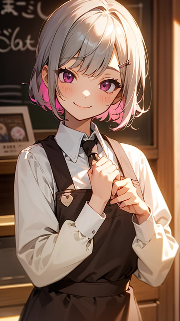１girl、コーヒーショップで働くgirl、Wicked Smile、Upper body close-up、Side body、Brown apron、Inside the coffee shop、Silver and bob short hairstyle、Tie your hair up with a hair clip、Pink Eyes、Perfect lighting、Warm colors