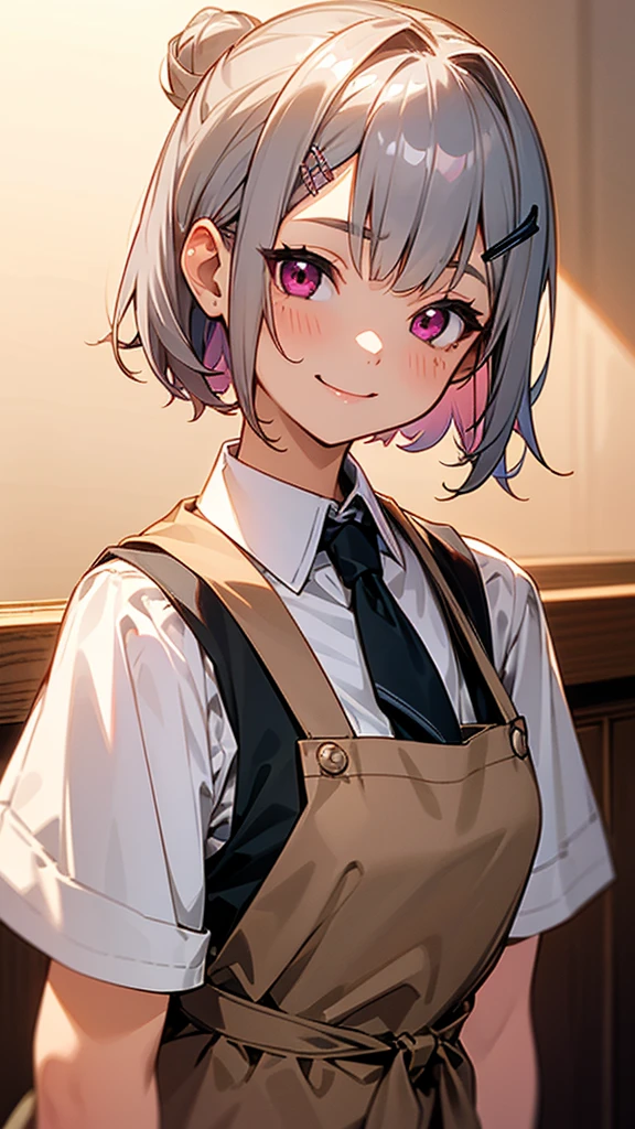 1girl、コーヒーショップで働くgirl、Wicked Smile、Upper body close-up、Side body、Brown apron、Inside the coffee shop、Silver and bob short hairstyle、Tie your hair up with a hair clip、Pink Eyes、Perfect lighting、Warm colors