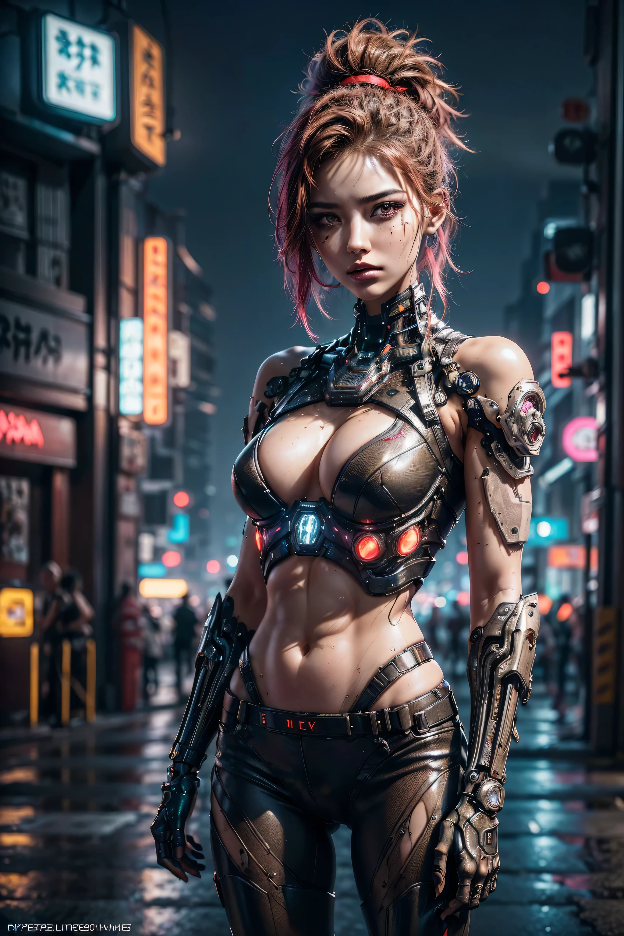 (photorealistic Realism 16K Quality, ultra-fine digital art), (Hyper-realistic proportional body, anatomically correct:1.3), (((beautiful cyberpunk woman))), ((upper body to navel shot:1.21)), Portrait, ((Short, bright red, messy hair)), Black Eyeshadow, ((futuristic cyberpunk street style:1.3)),((futuristic biomechanical implants)), (Urban Background:1.35), Heavy makeup, Digital Art, Trending on Art Station, highly detailed, The finer details, Complex, beautiful detailed glow, (super detailed beautiful, slim and sharp-face), (light pale complexion). BREAK, (Super beautiful, ((Insanely details brown_eyes1.3)), ((Hyperrealistic sharp real human eyes)), (tired and sleepy and satisfied:0.0), perfect round eyes, (finely detailed pupils:1.3), detailed, (neon lighting), High resolution, detailed facial features,Sharp focus, Smooth, beautiful, (dark_shot:1.1), This work is in the style of (science fiction futurism) with a (cold palette) that adds depth and richness to the scene, creating a sense of ((anger)) and ((suffering)). (The landscape) is harmoniously balanced, inviting the viewer to immerse themselves in the atmosphere of the cyberpunk city, feel the breeze and listen to the gentle ((falling rain)).