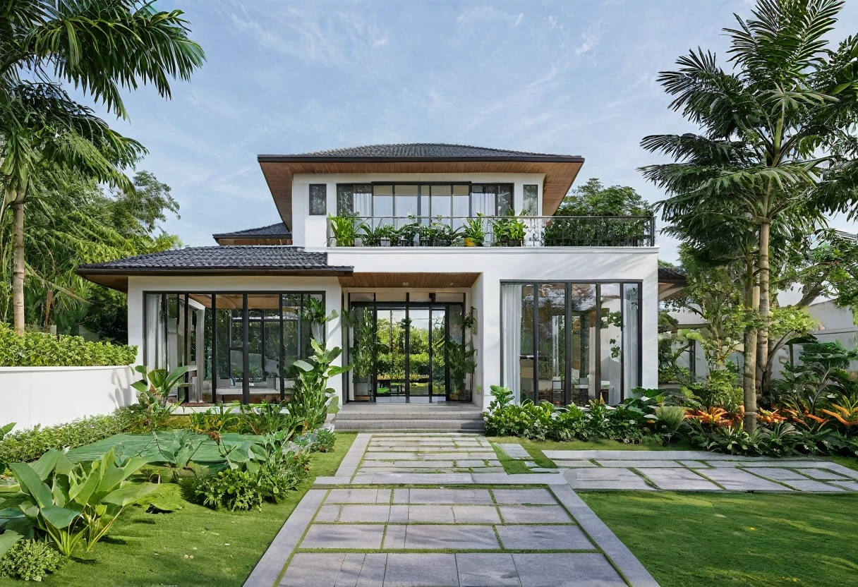 A highly detailed, high-resolution render of a modern indochine villa garden house with a width of 7 meters. The house features a sloped roof with a white facade and black-framed windows, similar to the provided image. The front yard includes a well-maintained lawn with some greenery and a small porch area with outdoor furniture. Add a stylish fence surrounding the property and an elegant gate at the entrance. Ensure the overall scene captures the serenity and simplicity of the garden house, with emphasis on the clean architectural lines and the harmonious integration with the surrounding garden. The image should be sharp, with a clear depth of field (DOF) to emphasize the details of the house's exterior and the garden elements.