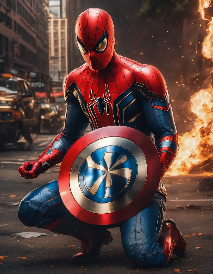 Realistic photography art, Extremely realistic, UHD, Focus, ((Best quality, 8K, Raw, Photography realistic:1.6)), (Masterpiece, Extremely high quality), (hyper realistic epic skin:1.5), (Spiderman character collaboration with Ironman's hands:1.5), (spreading gundam robot wings:1.5), (Kabuto's horns:1.2), (Batman's logo belt:1.0), (Robocop's iron armor collaboration:1.3), (and wearing Captain America's shield:1.5), (intricate:1.5) full body shot portrait, Hyper realistic color balanced, highly detailed, hyper realistic shadow, heavy realistic reflection, cinematic lighting, black lighting, Hyper realistic background, hyper realistic for all, ultra detail for all, Ultra clean photo, (perfect photography)