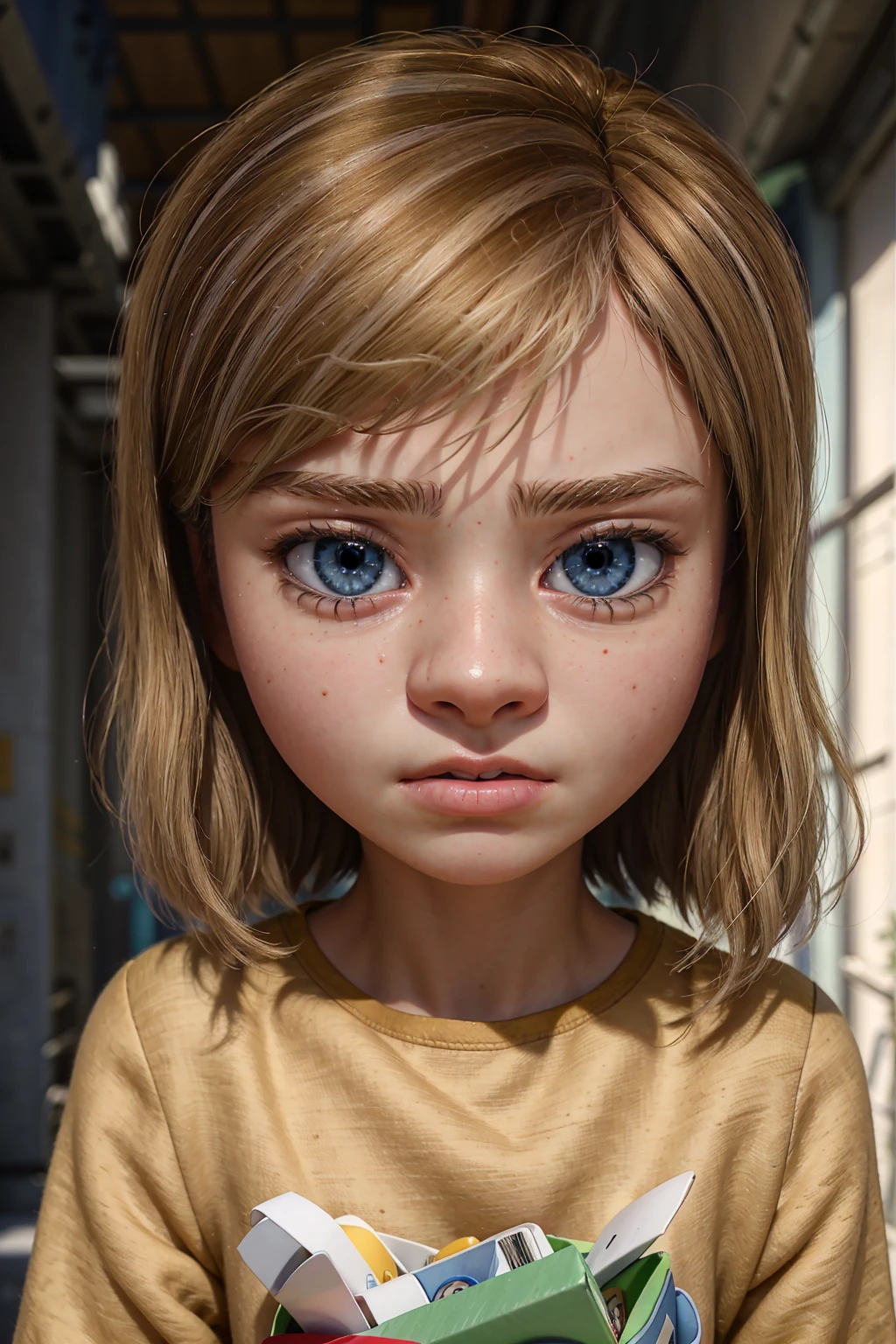 A stunning and intricate full color portrait in Ultra-HD, 12 year old girl, detailed face, short blonde hair, blue eyes, wearing a yellow sweatshirt, epic character composition, alessio albi, nina masic, sharp focus, lighting natural, subsurface dispersion, f2, 35mm