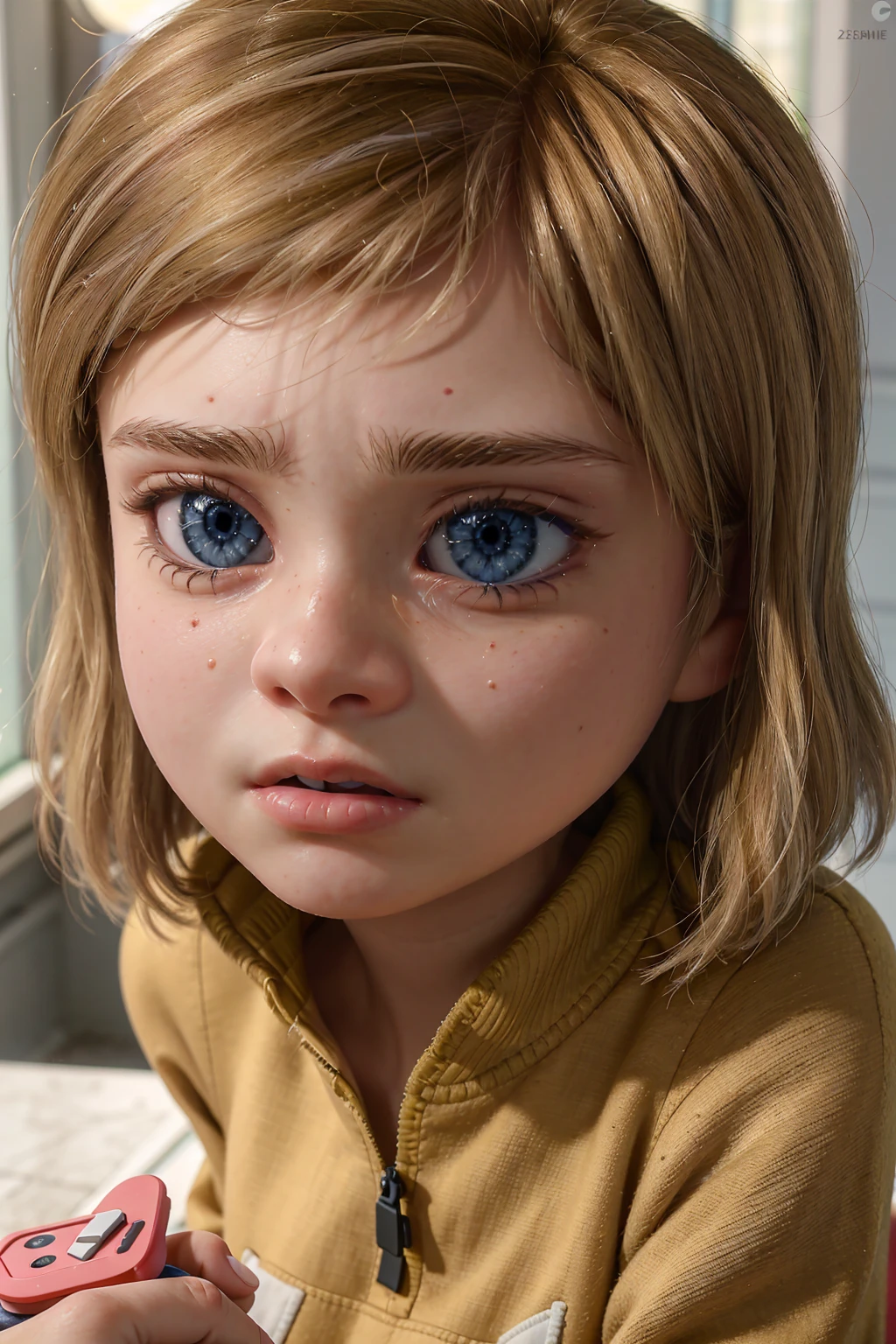 A stunning and intricate full color portrait in Ultra-HD, 12 year old girl, detailed face, short blonde hair, blue eyes, wearing a yellow sweatshirt, epic character composition, alessio albi, nina masic, sharp focus, lighting natural, subsurface dispersion, f2, 35mm