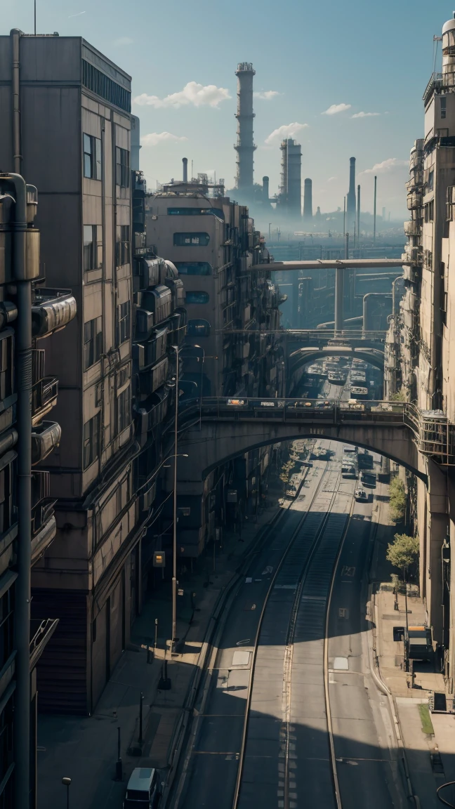 sci-fi cyberpunk city, bridges, deep ravine rift in the middle, terraced streets, reactors, breeder, oil refinery, cars, sunny days, industrial architecture, masterpiece, best quality, high detial, hyper realistic