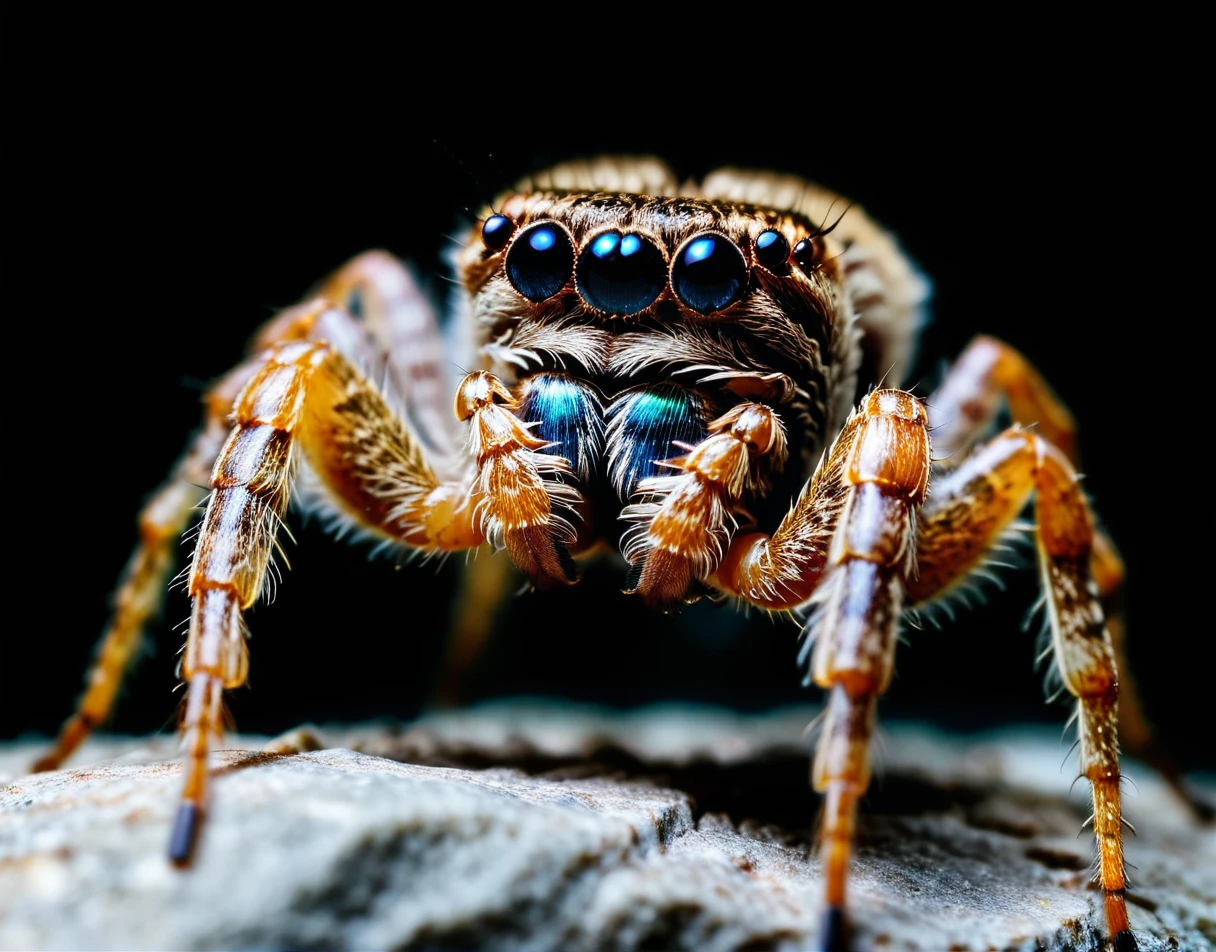 The best quality image, showing extreme macro photography side view close up (wolf spider:1.2) on the stone, biofurnical (cyborg:1.1) improvements, robotic animal, robot, Beautiful, organic details, great hair, focus stacking, iridescent, (fur:0.7), holographic optics, dark background, in macro photography style, focus stacking, studio photography, very detailed, extreme realism, rich colors, Colorful, (Metal gear solid:0.7), (a garden:0.6), (Weapon:0.7), many black eyes, (((spider looking through binoculars)))