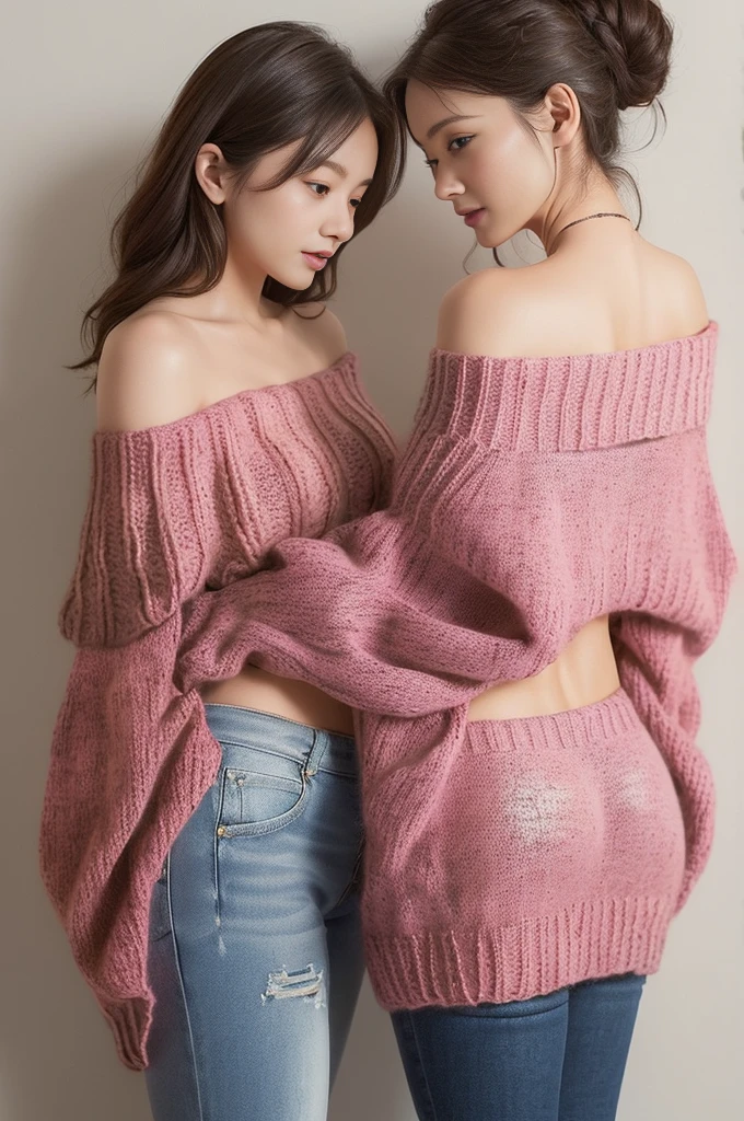 ((Are standing, Leaning forward, Two married women in their 20s)、(Off-the-shoulder knitwear:1.4)、(The shape of the buttocks is faintly visible from the top of the clothes.)、(overlap each other'Proudly)、((Captivating look:1.1)), ((Sexy Smile)), ((Medium long wavy hair)), The face is neat and tidy、Detailed face、Beautiful Face、Tying up hair、Light brown eyes、One girl、Innocence、(Photorealistic)、(Intricate details:1.2)、(masterpiece、:1.3)、(Highest quality:1.4)、(Ultra-high resolution:1.2)、Ultra-high resolution、(Detailed eyes)、(Detailed faceの特徴)、Hmph、8K resolution、Large Breasts, View from directly above, My fingers are hidden by my sleeves, ((Lift your chest with both hands))、put your hand between your breasts