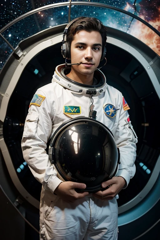 young Brazilian astronaut in front with his heatphones in the music universe
