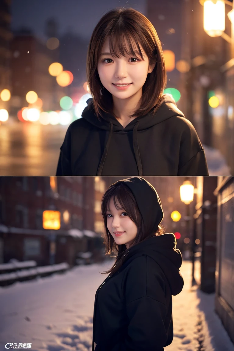 1 Girl, (Wear a black hoodie:1.2), (RAW Photos, highest qualthaty), (Realistic, Realistic:1.4), Tabletop, Very delicate and beautiful, Very detailed, 2k wallpaper, wonderful, finely, Very detailed CG Unthaty 8K 壁紙, Very detailed, High resolution, Soft Light, Beautiful detailed girl, Very detailed目と顔, Beautiful and sophisticated nose, finelyて美しい目, Cinema Lighting, Illuminations that light up the cthaty on a snowy night, Snow Scene, that'that'that'it's snowing, Snow fell in my hair, Perfect Anatomy, Slender body, Was nervous,
Straight semi-long hair, bangs, Looking at the audience, smile、Fluffy scarf